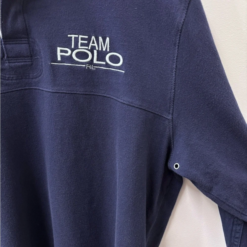 Vintage Polo by Ralph Lauren Men's Blue and White Team Shirt